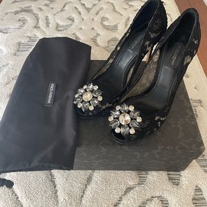 Dolce and Gabbana Black Taormina Lace Crystals Peep Toe Pumps